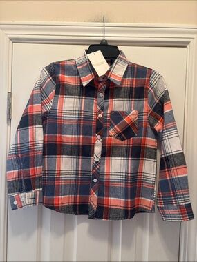 Kid’s Long-Sleeve Plaid Button-Down Shirt - Navy & Coral